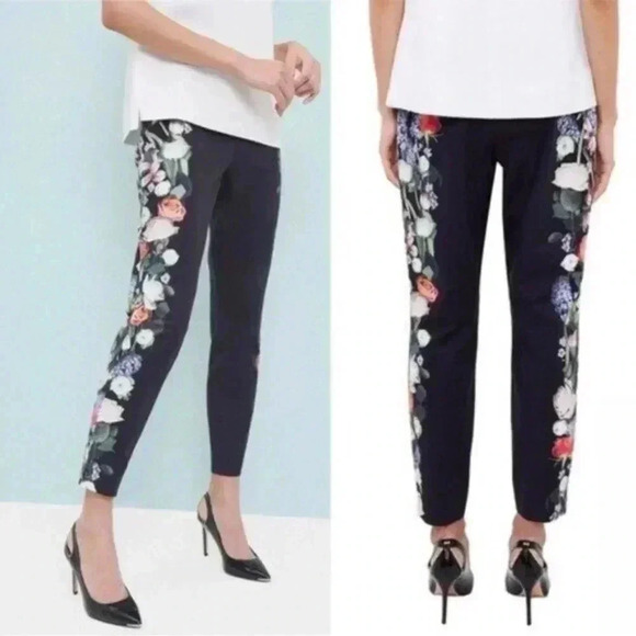Ted Baker Baynar Kensington Floral Ankle Grazer Trouser Pants in Black size 2 - Picture 1 of 13